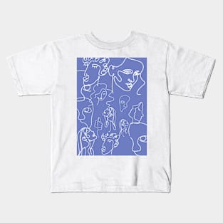 Blue One Line Art Faces Kids T-Shirt